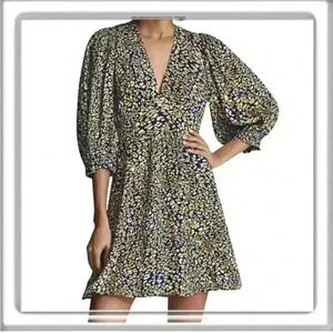 REISS Puff Sleeve Floral Mini A Line Dress V-Neck Blue Women’s Size 6 Short